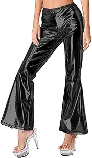 [Choomomo] Women's Shiny Metallic Bell Bottom Pants 70s Disco Outfits Vintage Flared Trousers Clubwear