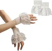 [MIUPOO] Detachable Fake Sleeve,Floral Layered Cuff,Elastic Fingerless Hand Sleeve Ruffled Floral Short Lace Gloves for Party Prom Masquerade,Wrist Warmers,White, White