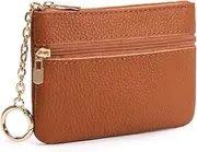[LARENNT] Full Grain Leather Coin Purse with Keychain - 2 Zippered Pockets Mini Coin Pouch Card Holder Keychain Pouch Keychain Wallet - Small Change Purse for Women and Men (Brown), Brown, Art Deco