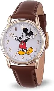 [Disney] Mickey Mouse Adult Classic Cardiff Articulating Hands Analog Quartz Leather Strap Watch, SLV, Black, Classic