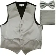 New men's tuxedo vest waistcoat & bow tie set horizontal stripes formal silver