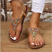 [DRIMEE] Women's Flat Sandals Clip Toe Summer Folk Bohemia Flip Flops Ankle Elastic Rhinestone Beaded Ladies Thong Leather Sandals Women's Sandals Summer Bohemia Plat Shoes,Brown,US8/EU40
