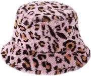 [ROMISBABA] 1Pc Fluffy Leopard Print Fisherman Hat for Women Cozy Bucket Cap Soft Material All Match Travel Accessory for Cold Weather Outings Pink