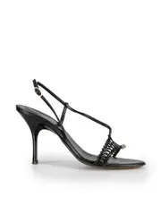 Black Leather Snake Head Strap Heeled Sandals