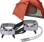 Krujecnt 2 Burner Camp Stove - Portable Two Burner Camp Stove For Outdoor Cooking - Folding Windshield Picnics Cookware Burner For Outdoor Travel