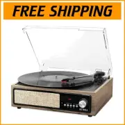 Farmhouse Walnut 3-Speed Bluetooth Turntable with Built-in Speakers & FM Radio