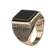 2Pcs Punk Resin Black Color Geometry Rhinestone Ancient Gold Finger Ring for Men