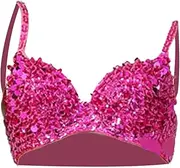 [kowaku] Sequin Corset Punk Costume Sequined Bra for Club Show Girls Belly Dance Party, rose red, M