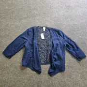 Chicos Top Womens Large Blue Linen Shrug Lace 3/4 Sleeve Open Cardigan Casual