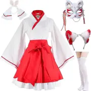 Japanese Anime Red And White Kimono Fox Cosplay Costume High Quality S