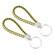 2Pcs Braided Leather Keychain Key Ring Woven Ornament Lanyard Strap Black Yellow