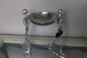 BROOMSTICK HALLOWEEN 2STANDING METAL SKELETONS WALKING DEAD CARRYING BOWL-SILVER