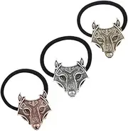 LALAFINA 3pcs Retro Wolf Head Hair Ties Elastic Ponytail Holders Ancient Silver Unique Vintage Hair Bands for Everyday Wear Stylish Accessories
