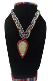 Peruvian Necklace Woven in Macrame Thread and Jade Stone