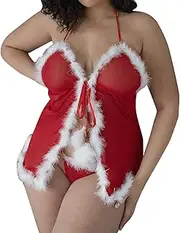 [Generic] Plus Size Lingerie for Women Two Piece Set Women's Sexy Santa Christmas Lingerie Set with Garter Belts Lace Teddy Bodysuit Plus Size Sexy Shirt