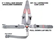 GREY SAFETY HARNESS 5 POINT 3" SFI 16.1 RACING CAM LOCK V ROLL BAR MOUNT BLACK