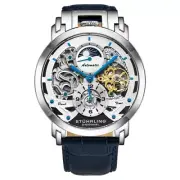 Stuhrling 906 01 Menai Automatic Skeleton Dual Time Blue Leather Mens Watch