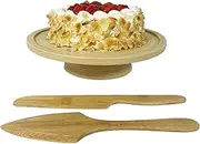 13 inch Cake Stand Set with Knife and Spatula, Made from Bamboo, Natural, Handmade, for Parties. in a Gift Box, Made in Vietnam.