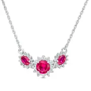 Oval and Round Lab-Created Ruby and White Sapphire Sunburst Frame Three Stone Necklace in Sterling Silver