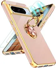 [LeYi] for Pixel-8-Pro Case: with 2PCS Screen Protector & Slim Fit Soft 360° Ring Holder Kickstand Support Car Mount Shockproof Plated Gold Edge for Google Pixel 8 Pro Case, Pink