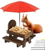 DJAPWPX Squirrel Feeder Wooden Squirrel Feeder Table with Umbrella Funny Squirrel Picnic Table Feeder with Corn Cob Holder Solid Structure Squirrel Feeders for Outside Yard and Porch Decoration