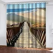 Exquisite Blackout Curtains Super Soft Sea & Wooden Bridge W117cm (46") x D229cm (90") x 2 for Kids Bedroom Energy Saving Curtain Solid Durable Polyester Blocking Eyelet Treatment Sets for Nursery