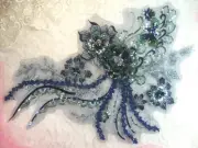 Embroidered 3D Applique Navy Green Floral Sequin Patch 14" (DH75)