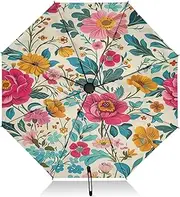 [RPLIFE] Windproof Travel Umbrella, Auto Open Close, Umbrelllas for Rain Compact, Backpack Purse Portable, Ideal for Women, Cute Colorful Vintage Floral Beige