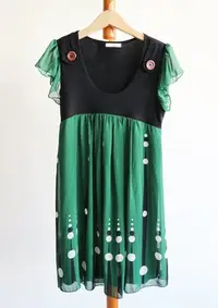 在飛比找Yahoo!奇摩拍賣優惠-日本點點深綠色雪紡短袖洋裝-H本P36(古著-山東-女孩別哭