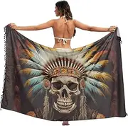 [XYMZR] Women's Sarong Swimsuit Coverups Chief Skull Feather Chiffon Bikini Wraps Skirt with Tassels L
