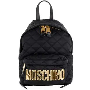 MOSCHINO 品牌金色字母LOGO圖騰尼龍菱格紋後背包(小/黑)