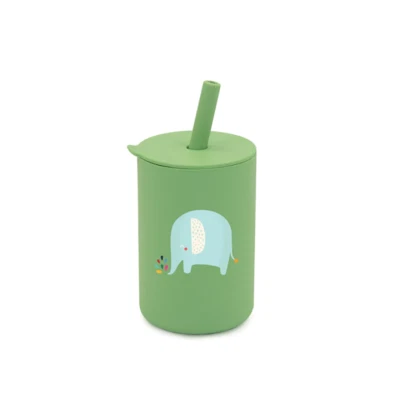 Silicone Non-spill Printed Straw Cup - Green Elephant