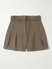 [Burberry] Burberry - Belted Embellished Pleated Cotton-gabardine Shorts - Army green - UK 14 UK 14 Green