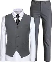 [Tomic] Boys Suits for Toddler Formal Tuxedo Vest Set Kids Grey Wedding Suit Dress Shirts and Pants Outfits Set with Tie Size 7, White, 7 Years