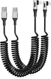 90 Degree iPhone Charger Cable for Apple Carplay, [MFi Certified] Coiled Lightning Cable Right Angle, Short USB to Lightning Cable for Car [2 Pack]
