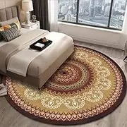 Circle Short Pile Carpet Non Slip Design, Living Room Bedroom Office Dining Kitchen Mat Red Camel Retro Flowers, Yellow, 200 x 200 cm