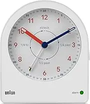 Braun Analogue Time Teacher Alarm Clock with Snooze and Continuous Backlight, Quiet Quartz Movement, Easy to Read Dial, Crescendo Beep Alarm in White, model BC22TW.