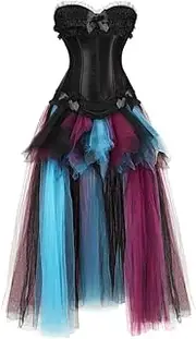 [Hengzhifeng] Steampunk Women Corset Skirt Zip Boned Bustiers Rockabilly Party Long Dress