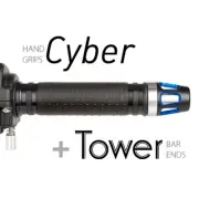 KiWAV Motorcycle Cyber Grips Black with Tower Bar Ends Blue/Silver