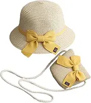 POCHY Straw Hats for Kids - Toddler Girl Straw Purse,Breathable Sun Protection Hat Set Toddler Sun Shade Straw Hat for Beach Beige