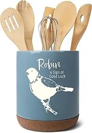 [Elanze Designs] Robin A Sign Of Good Luck Bird X-Large Cork Bottom Ceramic Stoneware Utensil Holder, Spatula Caddy, Crock Container, Kitchen Storage Organizer Home Décor, Sky Blue
