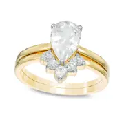 Pear-Shaped Lab-Created White Sapphire Bridal Engagement Ring Set in Sterling Silver with Solid 14K Gold Plate