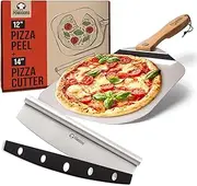 [Chef Pomodoro] Pizza Peel 12x14" (30x36 cm) & 14" (36 cm) Stainless Steel Pizza Rocker Cutter Set - Metal Pizza Peel Paddle, Pizza Spatula Paddle, Pizza Cutter Rocker Blade, Pizza Slicer