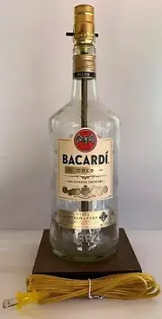Large 1.75L Bacardi Rum Gold Liquor Bar Bottle Lounge TABLE LAMP Light Wood Base