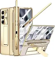 YQODSZ for Samsung Galaxy Z Fold 6 Case with S Pen Holder & Slim Stylus, Fold6 Clear Case with Kickstand Integrated Hinge Cover Screen Protector Transparent Protective Cover for Z Fold 6 Gold