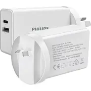 Philips USB-A/USB-C Wall Charger Plug Adapter For iPhone/Samsung White 30W