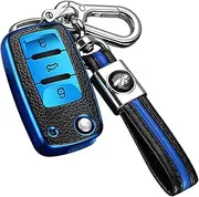 ontto for VW Key Cover Premium Soft TPU Leather Key Fob Cover Holder Protector for Volkswagen VW Bora Beetle Tiguan Polo Passat B5 B6 MK5 6 Jetta Eos SEAT Sagitar Golf 6 Keyring Remote Key Fob Blue
