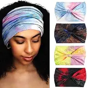 Aceorna Wide Headbands Stretch Turban Knotted Hairbands Elastic Yoga Workout Sweatband Running Sport Head Scarf Large African Head Wraps for Women 4 Pcs (Set F)