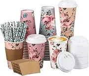 Gerrii 240 Pcs Floral Paper Cups Disposable Coffee Cups with Lids Sleeves Straws Vintage Winter Hot Coffee Cups for Christmas Floral Party Birthday Wedding Supplies, 4 Style(12 oz)