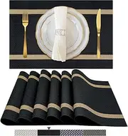 excovip Placemats Set of 6,Heat-Resistant Stain Resistant Non-Slip Place Mats for Dining Table, Washable Durable PVC Table Mats Woven Vinyl Placemat Black 0121